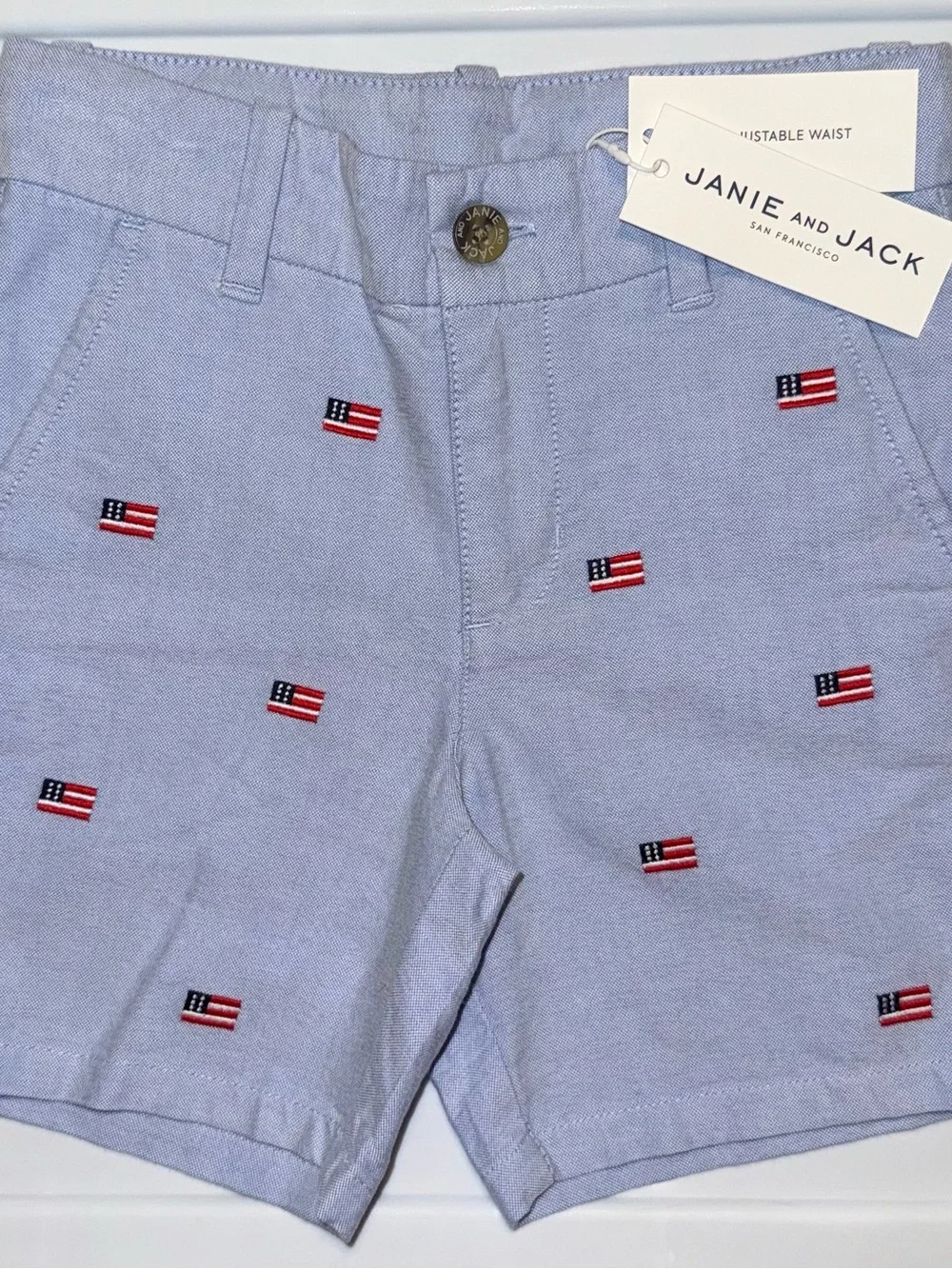 Janie and Jack Light Blue Embroidered Flag Boy’s Shorts